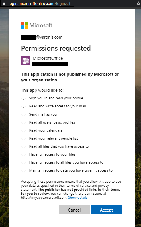Azure App Permissions Window