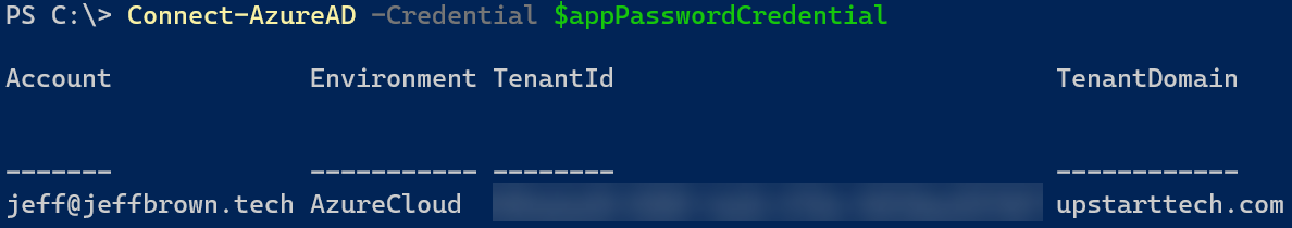 Screenshot of connecting to Azure AD with AppPassword