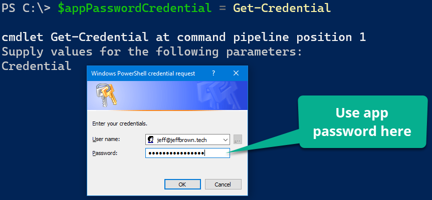 Screenshot of creating app password credentials