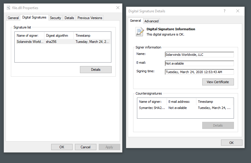 SolarWinds File properties and digital signature