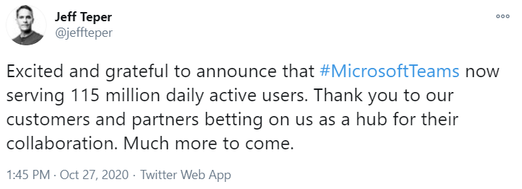 Une capture d'écran d'un tweet de Jeff Teper sur le nombre d'utilisateurs actifs de Microsoft Teams