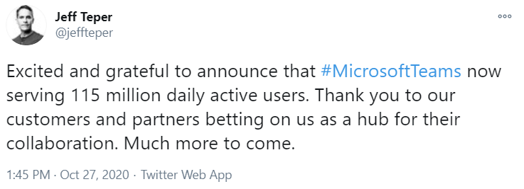 A screenshot of a tweet by Jeff Teper about Microsoft Teams active users