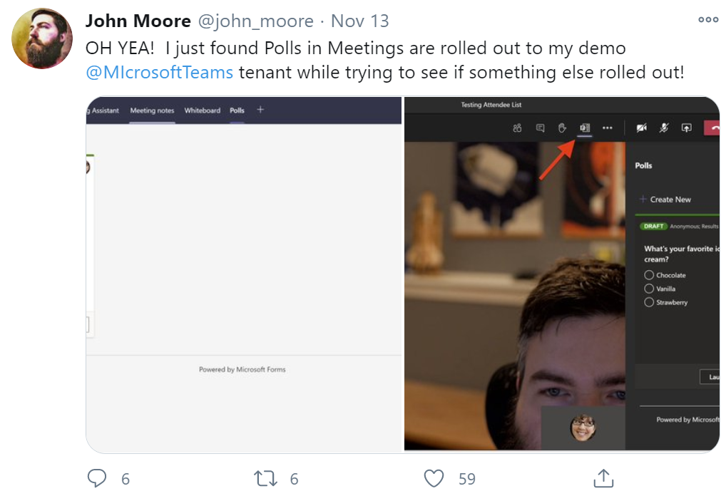 a screenshot of John Moore's Tweet about using polls in Microsoft Teams meetings