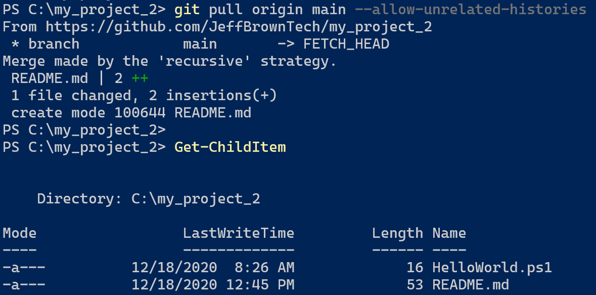 Ein Screenshot des Mergens nicht zugehöriger Projekte in Git im Rahmen eines PowerShell-Tutorials