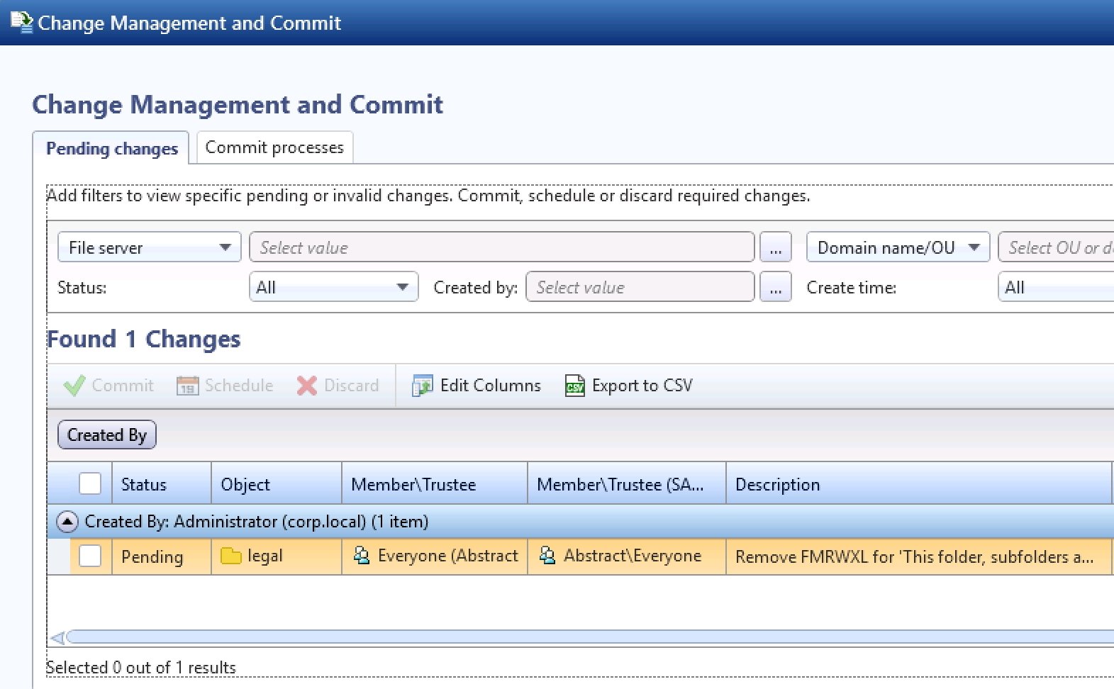 DatAdvantage Commit dialog with pending changes