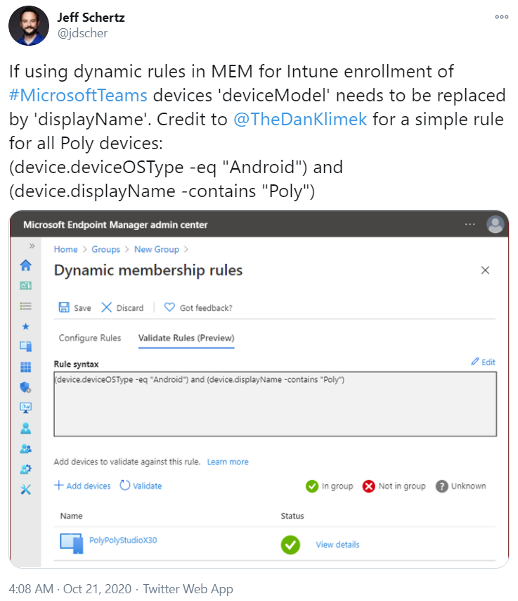 A screenshot of a tweet about Microsoft Teams on dynamic rules