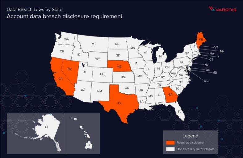 Map displaying which states require disclosure of data breaches containing account data