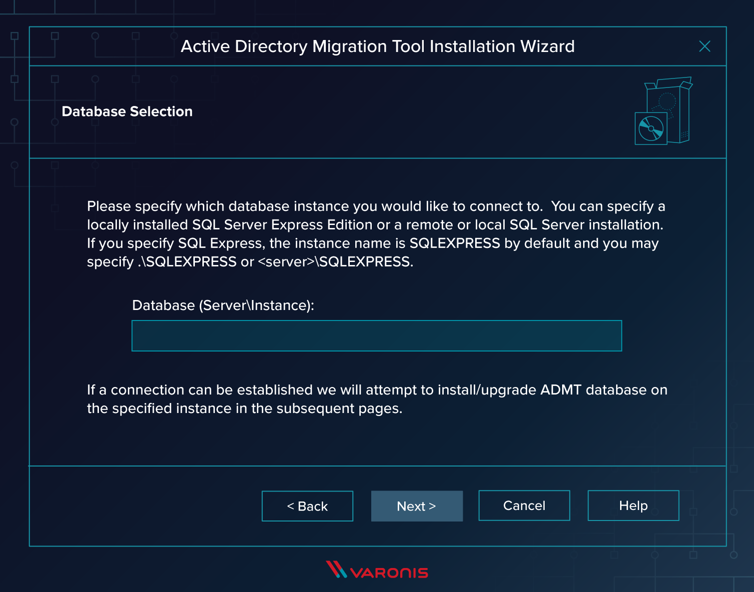 screenshot of active directory migration tool installation wizard database selection step 