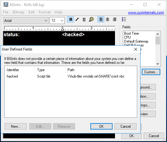 Embedding the path to a malicious VBS file in a .bgi config