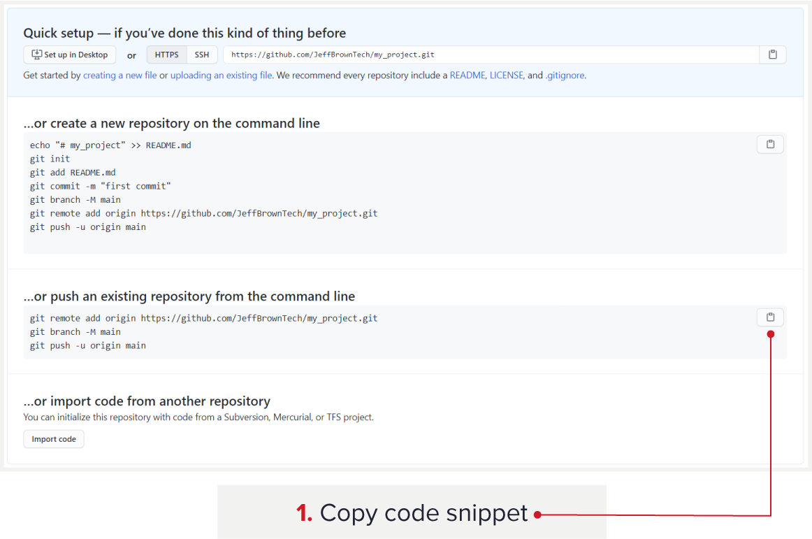 capture d'écran montrant comment copier un extrait de code pour l'envoyer vers un référentiel Git existant