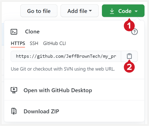Ein Screenshot einer Kopie einer GitHub-Repository-URL für ein Tutorial zum Mergen in Git