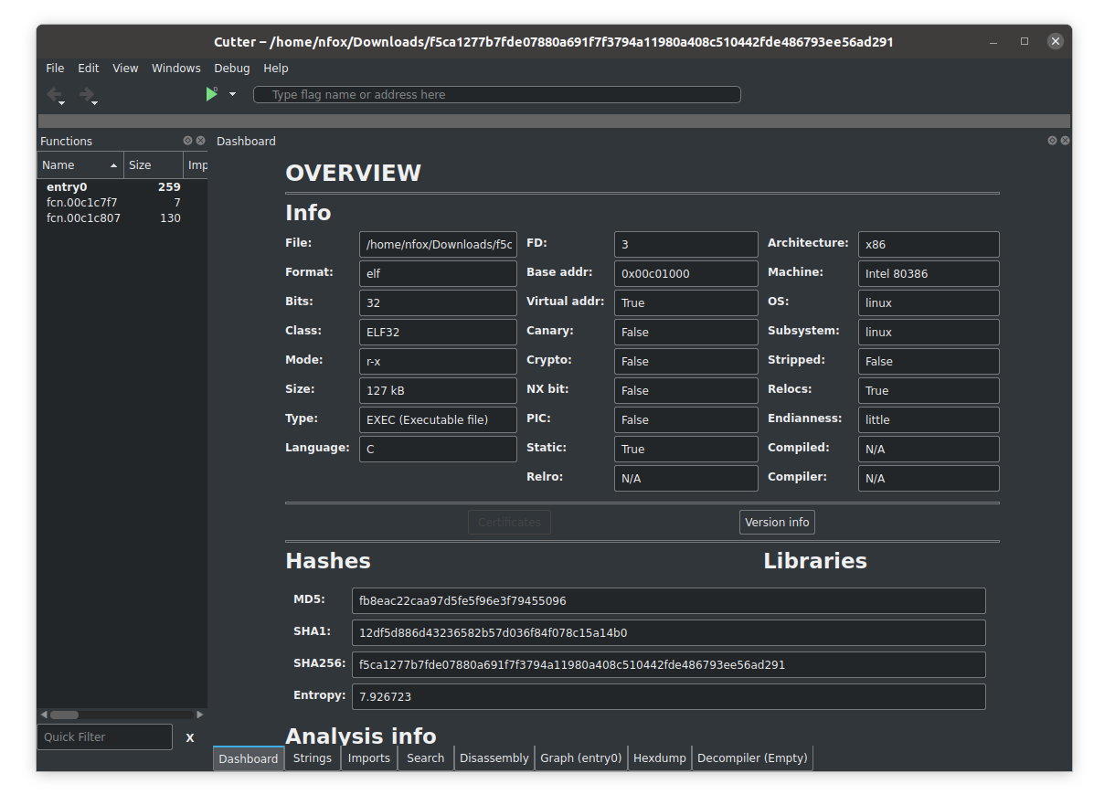 Ein Screenshot davon, wie sich Cutter als Malware-Analyse-Tool verwenden lässt