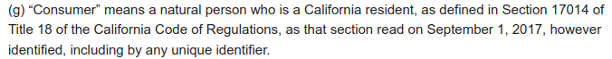 Section 1798.140 (7) G of the CCPA, showing definition of Californian resident