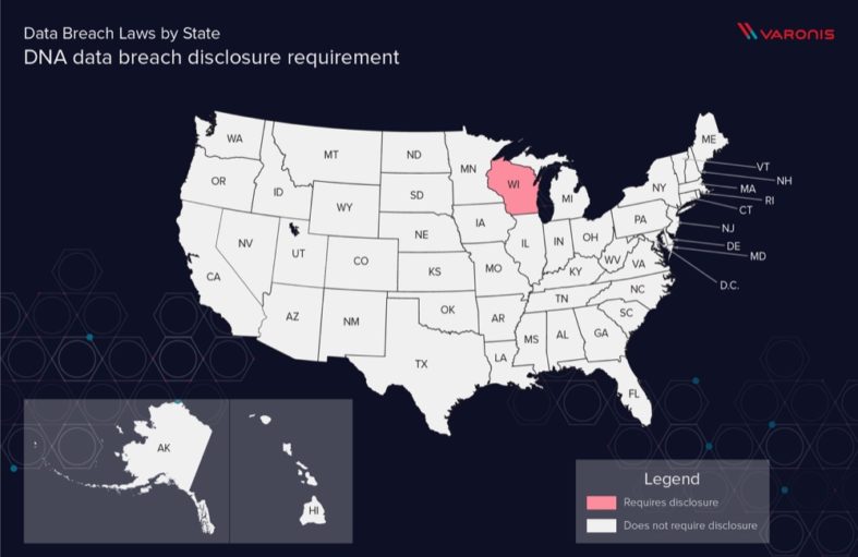 Map displaying the state that requires disclosure of data breaches containing DNA data