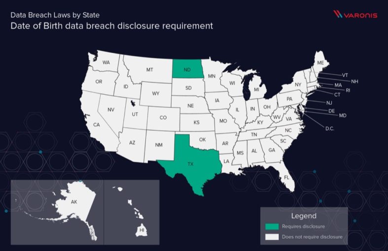 Map displaying which states require disclosure of data breaches containing birth dates