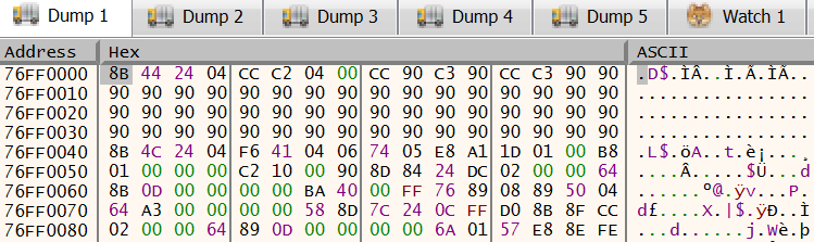 a screenshot of an x64dbg windo containing dump data