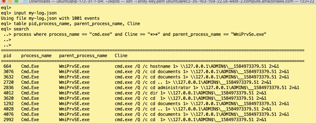 Borrowed EQL’s query for spotting a WMI