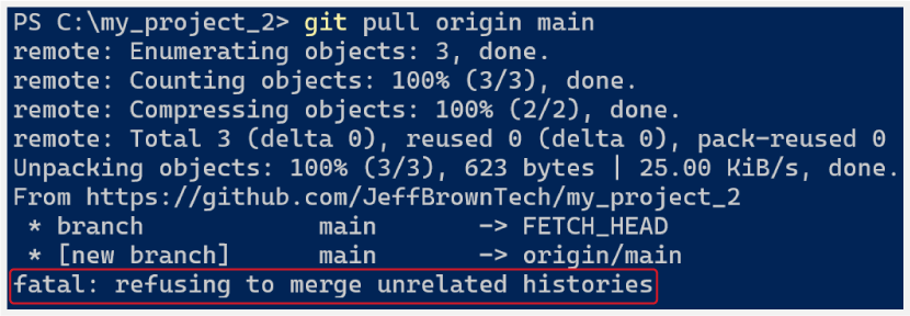 capture d'écran d'un message fatal dû à des historiques non liés dans Git dans le cadre d'un tutoriel sur la fusion dans Git