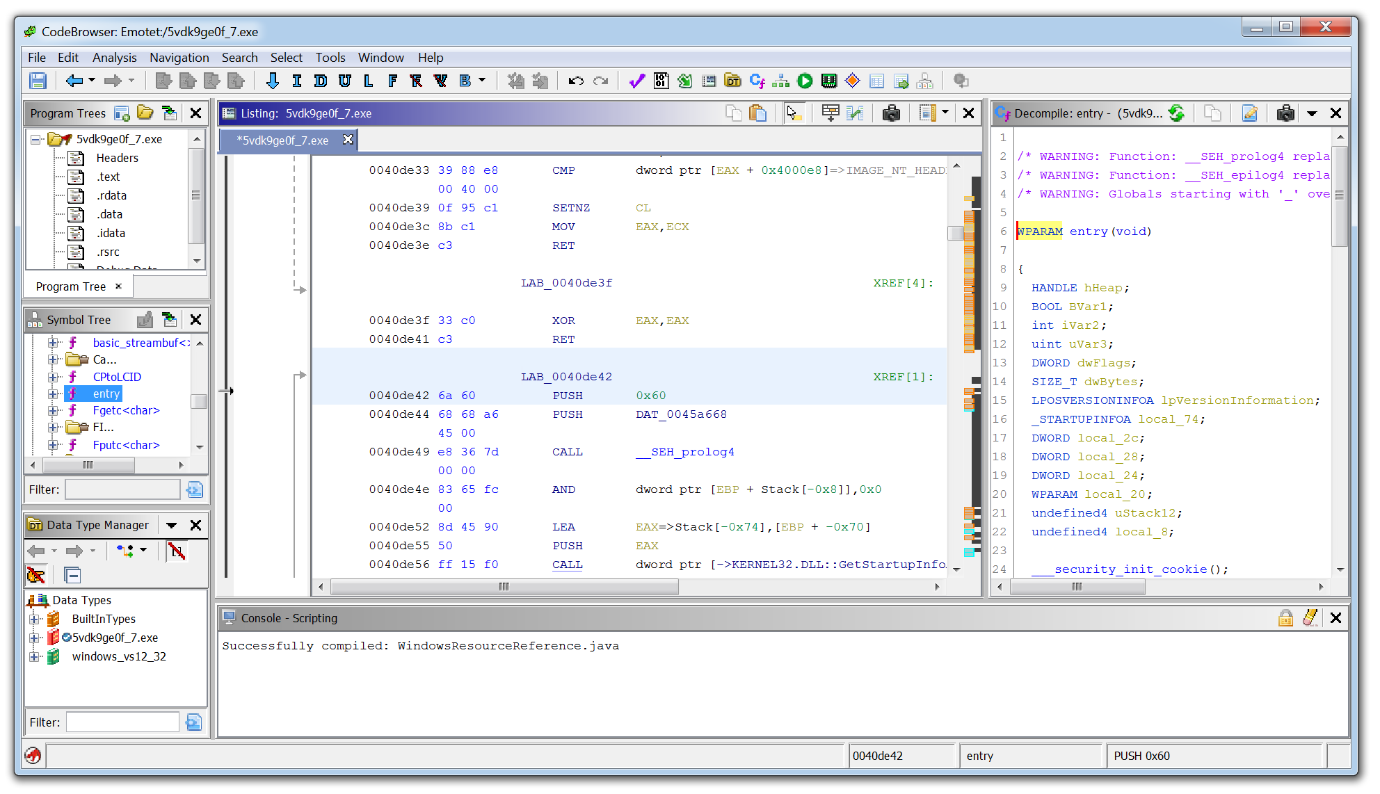 capture d’écran de l’utilisation de l’outil d’analyse des malwares Ghidra