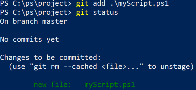 Ein Screenshot der Verwendung des „Git add“-Befehls in PowerShell