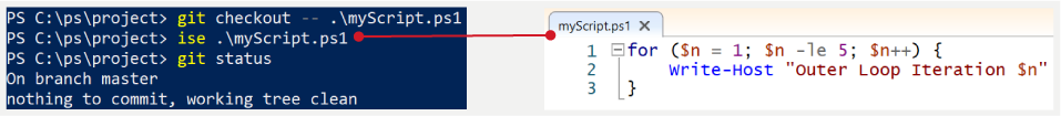 capture d'écran de la procédure d'extraction d'un fichier à partir d'une validation avec la commande Git checkout