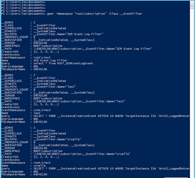 list WMI permanent events with Get-WMIObject