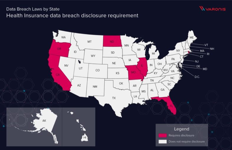 Map displaying which states require disclosure of data breaches containing health insurance information