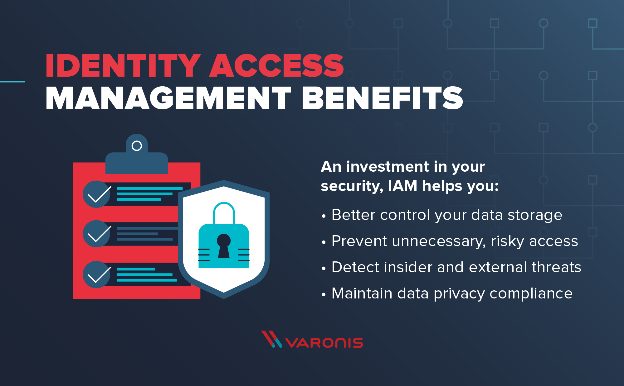 identity access management (IAM) illustration of a clipboard and list of benefits