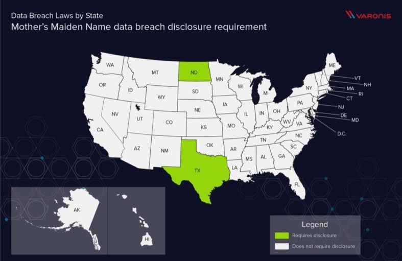 Map displaying which states require disclosure of data breaches containing mother’s maiden name