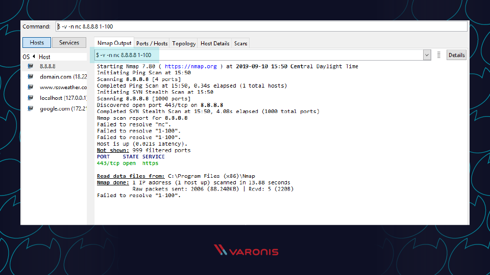 netcat command screenshot of the port scan