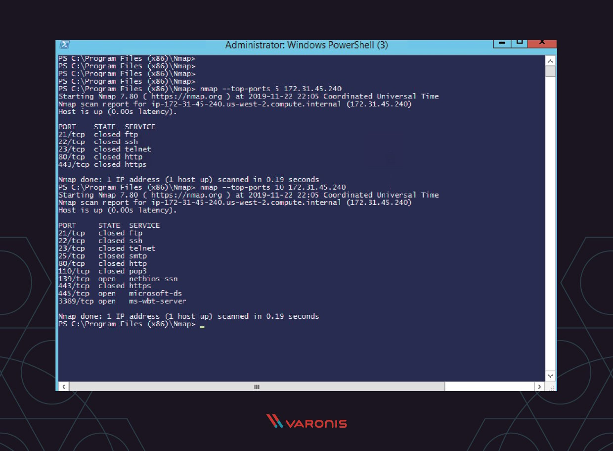 Captura de tela do nmap em uso para uma função de portas