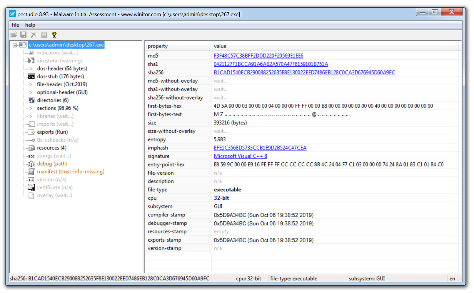 capture d’écran de l’utilisation de l’outil d’analyse des malwares PeStudio