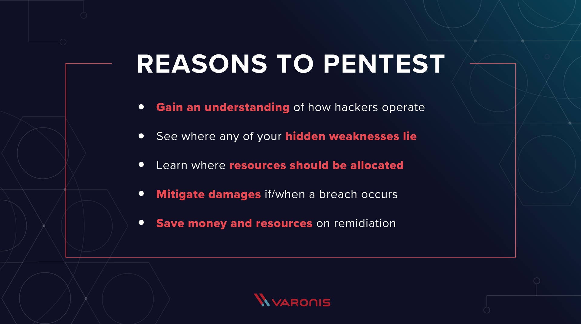 reasons to pentest - a text image that's title says "Reasons to Pentest" and the bulleted copy below says: "Gain an understanding of how hackers operate. See where any of your hidden weaknesses lie. Learn where resources should be allocated. Mitigate damages if/when a breach occurs. Save money and resources on remediation."