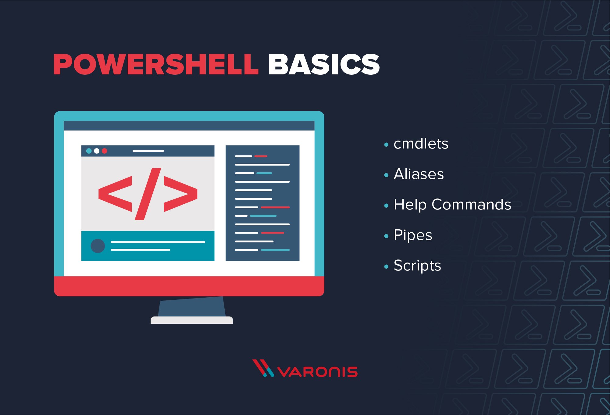 scripts do PowerShell para iniciantes: imagem de noções básicas que inclui cmdlts, aliases, comandos de ajuda, pipes e scripts