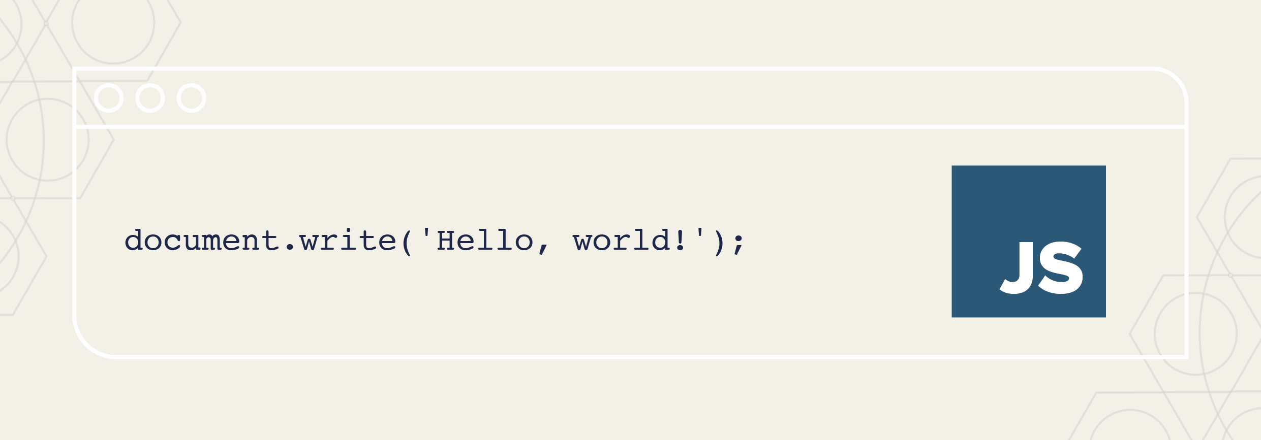 javascript programming language "hello world" code and logo
