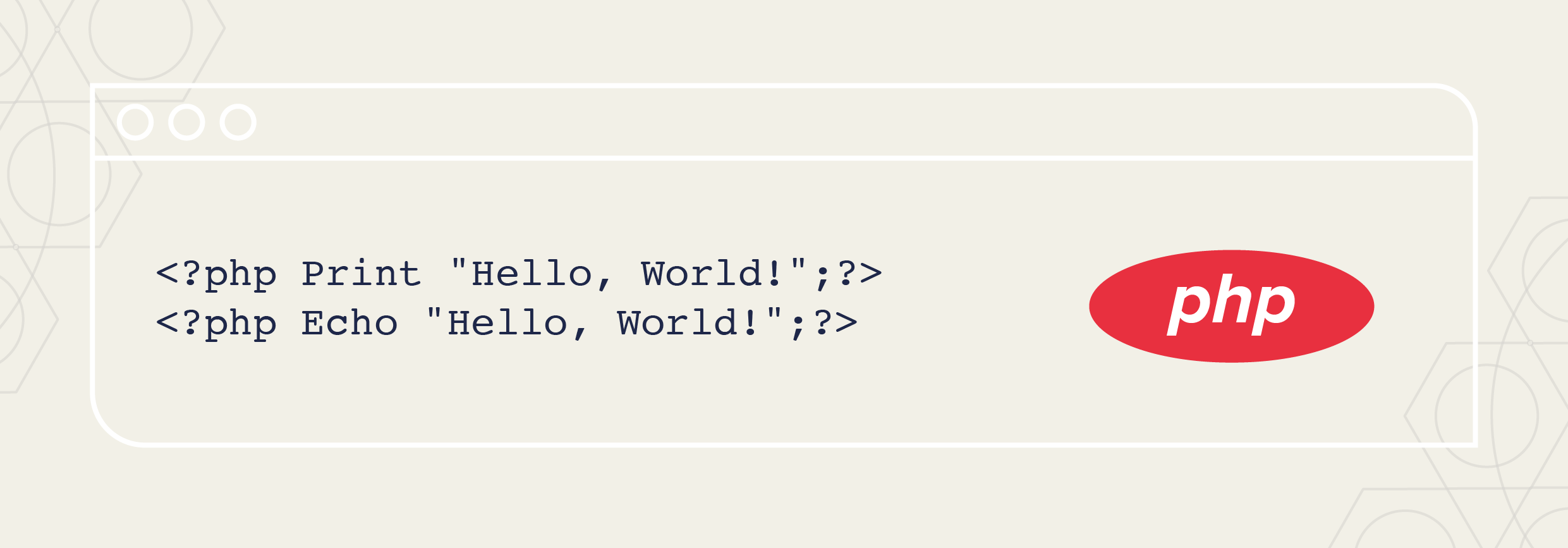 php programming language "hello world" code and logo