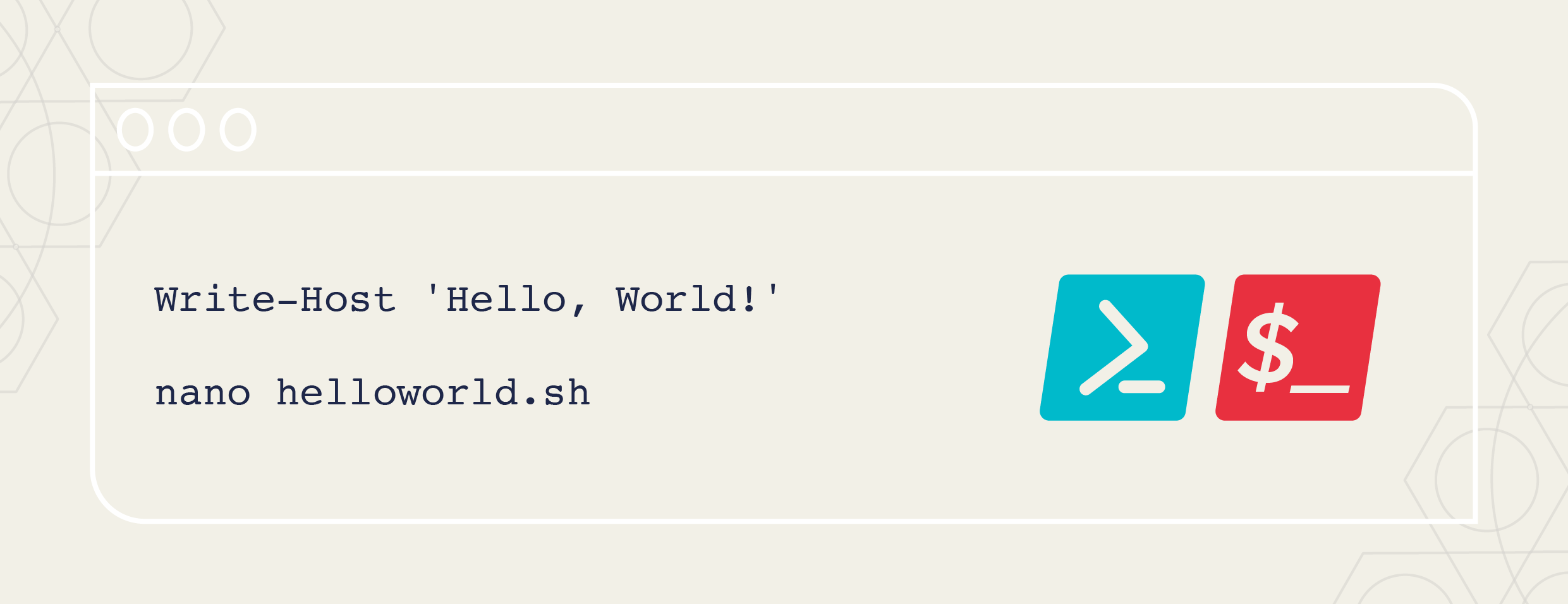powershell and bash programming languages "hello world" codes and logos