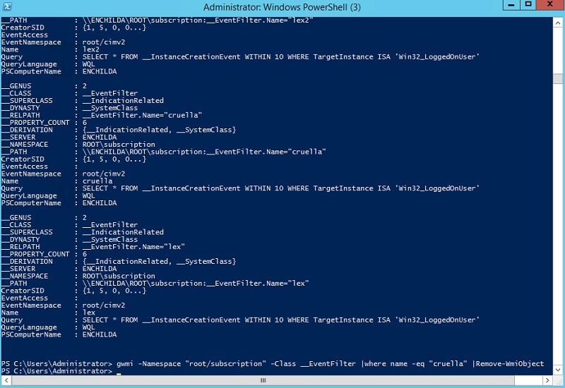 Deleting WMI permanent events using a PowerShell pipeline