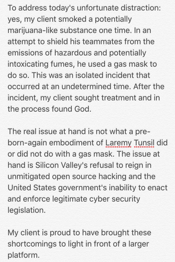 Agent's statement on Tunsil hack