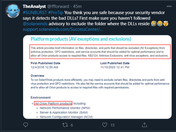 The Analyst SolarWinds sunburst tweet