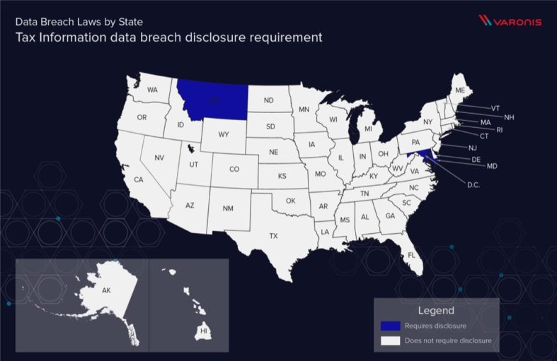 Map displaying which state requires disclosure of data breaches containing tax records