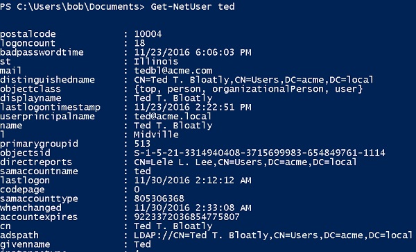 PowerView cmdlet Get-NetUser Active Directory Properties