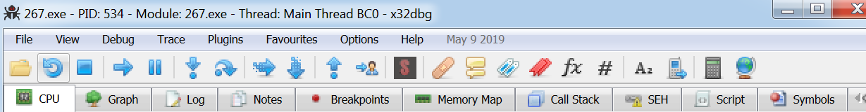 a screenshot of the main toolbar in X64dbg 