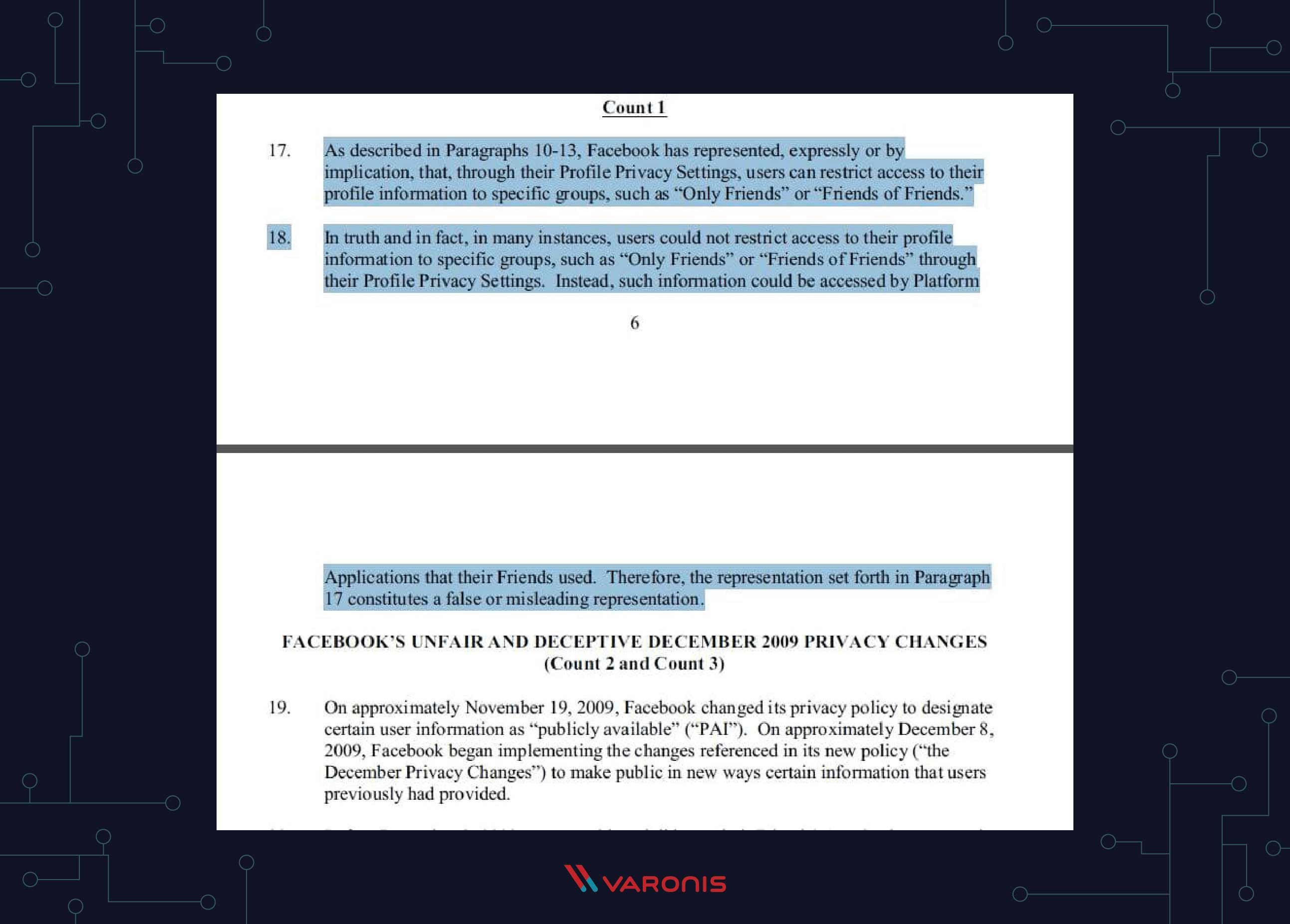 US privacy law screenshot of the complaints against Facebook