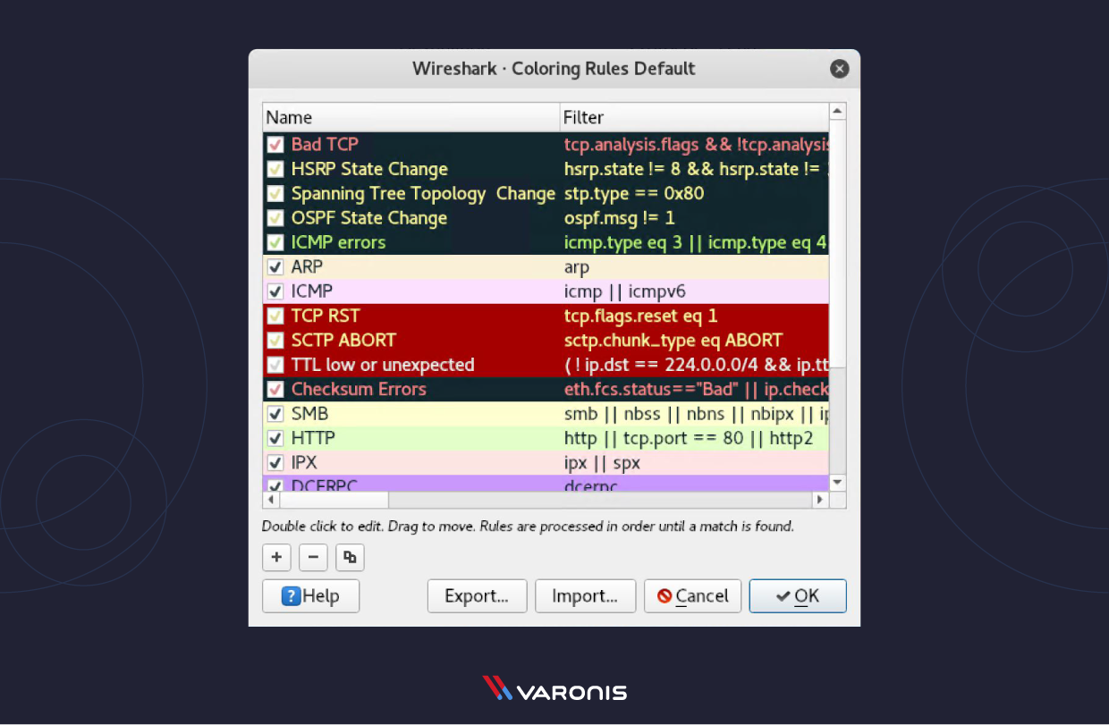 capture d'écran des couleurs dans Wireshark