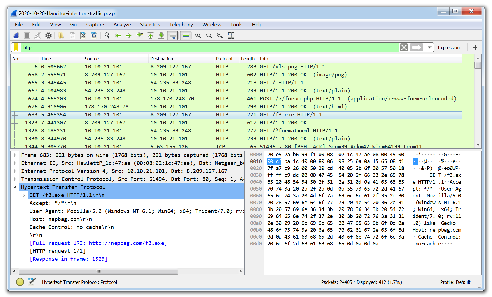Ein Screenshot davon, wie sich Wireshark als Malware-Analyse-Tool verwenden lässt