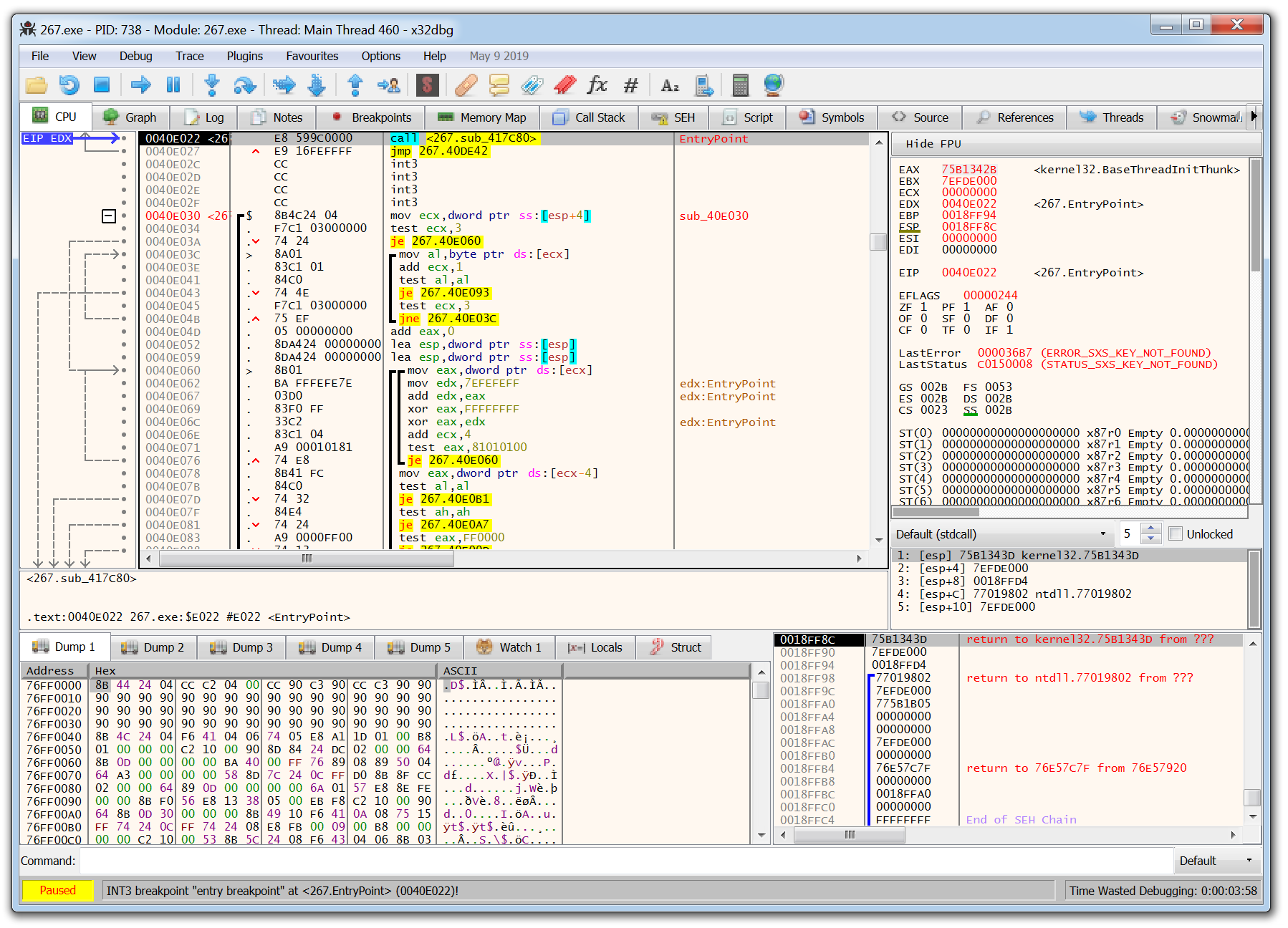 capture d’écran de l’utilisation de l’outil d’analyse des malwares x64dbg
