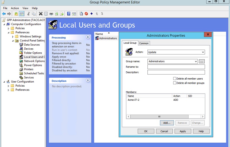 Mit GPP können Sie Acme-IT-2 den lokalen Administratorgruppen hinzufügen
