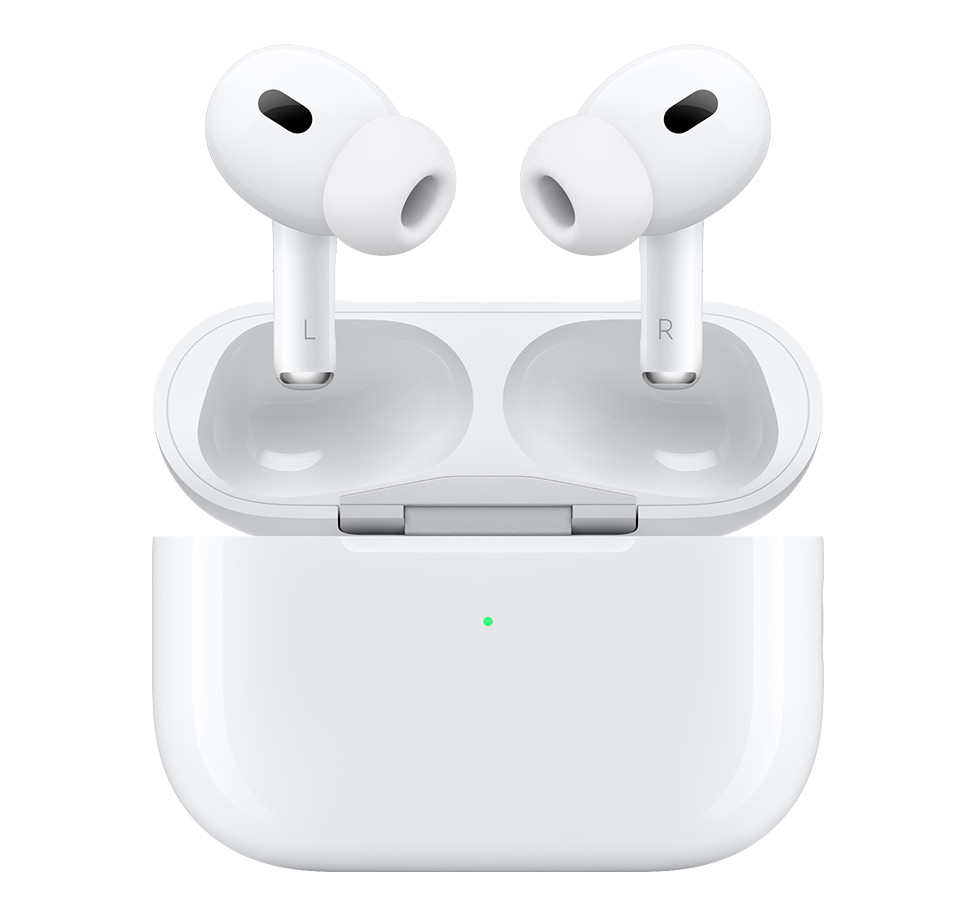 AirPods Pro 2 and MagSafe Charging Case (USB-C), earbuds with silicone tips, case with external LED power indicator